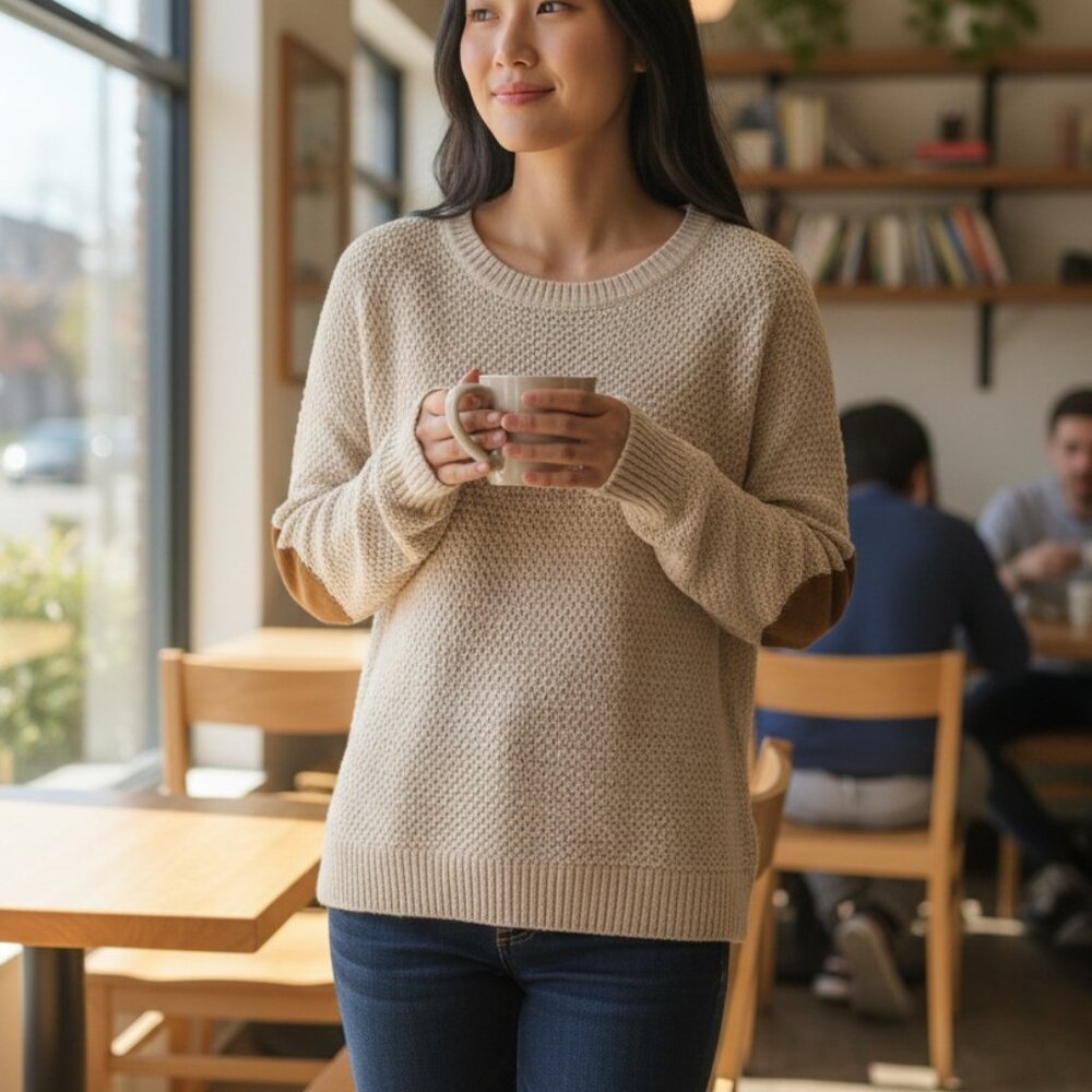 (F-189)Lety & Me Womens Beige Knit Sweater S Long‎ Sleeve Cotton Blend Pullover